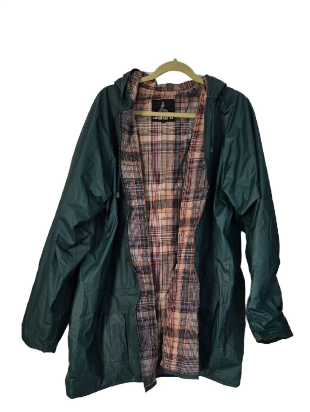 Vtg Harbor Master Green With Plaid Lining Hooded Rain Coat Jacket Size XL Tall